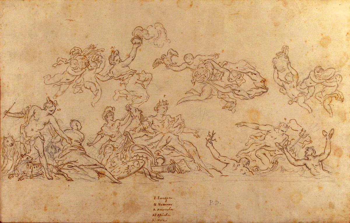 design for a ceiling decoration with neptune and the four continents